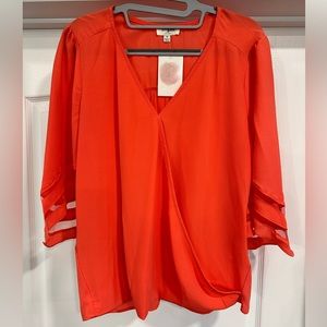 Umgee Campbell Mesh Bell Sleeve Top in Bright Coral